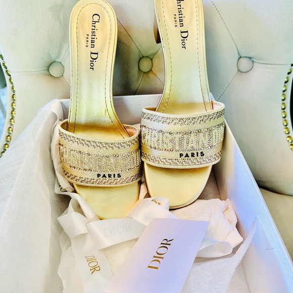 DIOR Dway Heeled SlideGold-Tone with Metallic Thread Strass 62k gold siz… - Picture 12 of 14